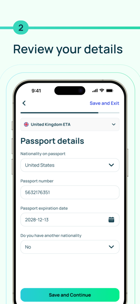 iVisa app screen showing a user reviewing their passport details for a United Kingdom travel visa application.