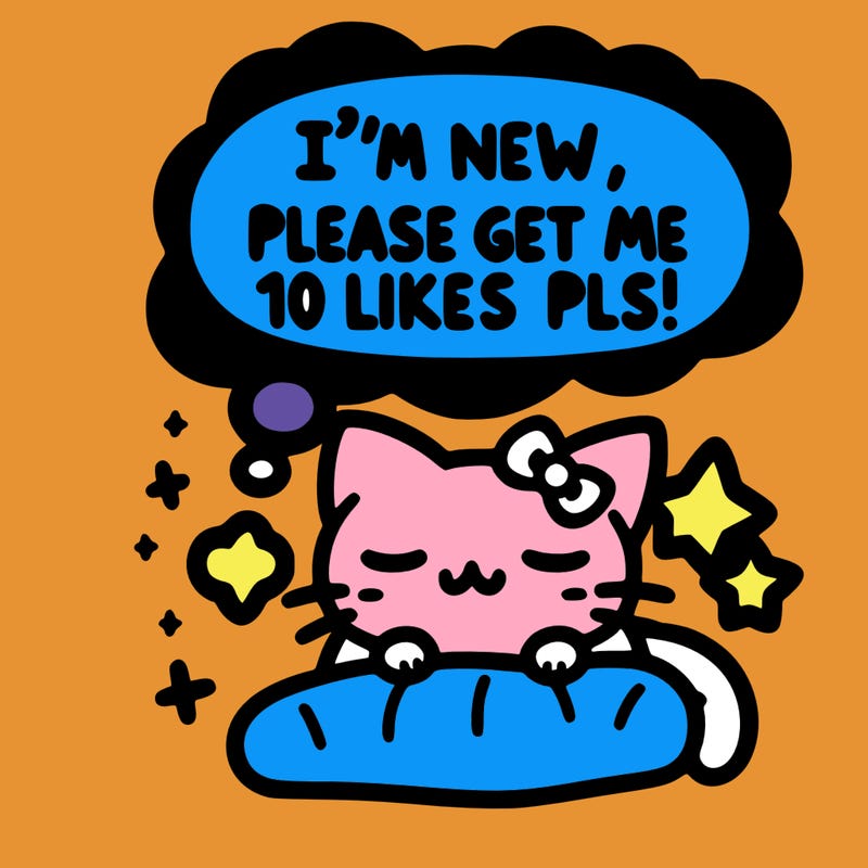 kitty taking a nap dream talking and saying "i'm new, please get me at least 10 likes pls!!"