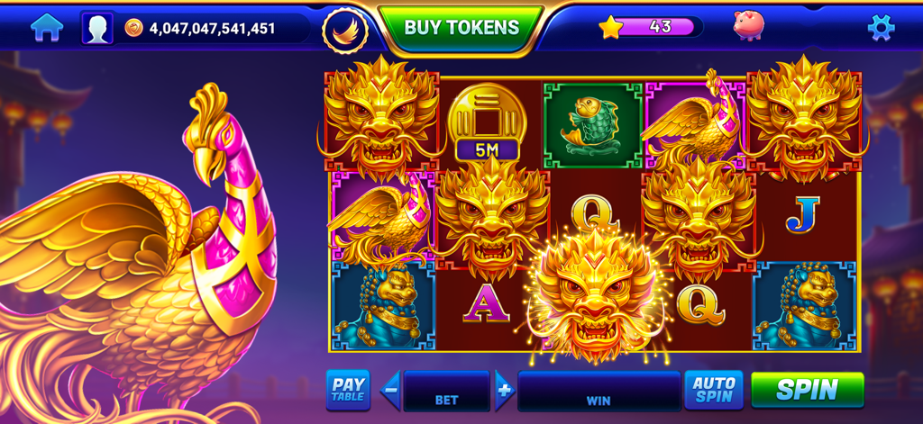 Golden dragon themed slot machine interface in GSN Casino app