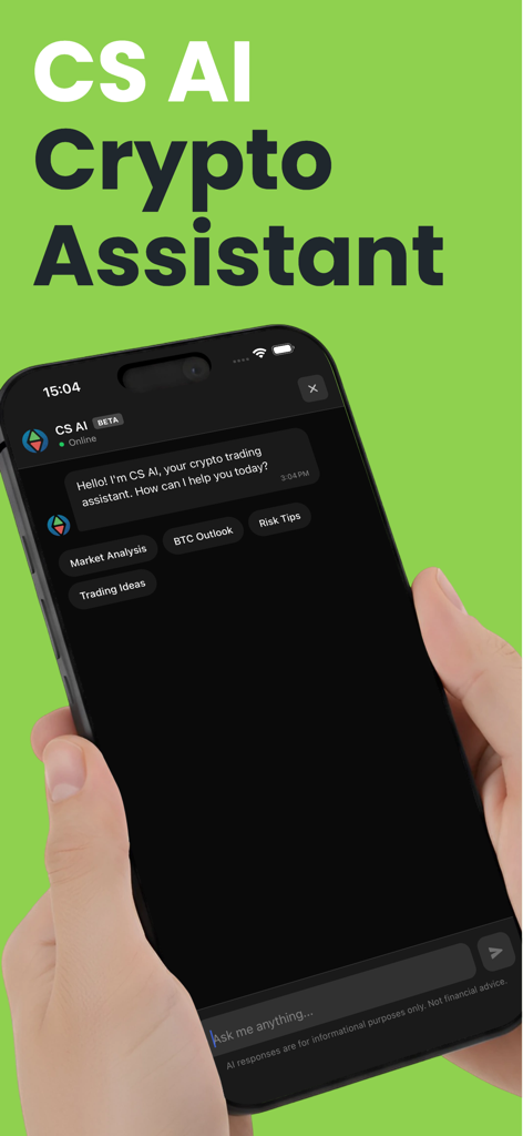 Crypto Signals & Trade Signals - Interface de chat móvel do CS AI Crypto Assistant com opções para análise de mercado e ideias de negociação