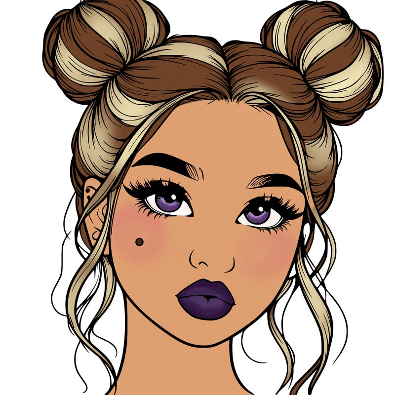 realistic girl with two buns on her hair and lips