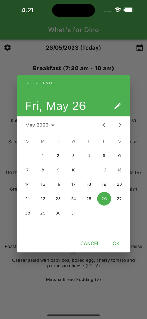 What's for Dino - Interface of the What's for Dino app displaying a calendar for selecting specific menu dates.