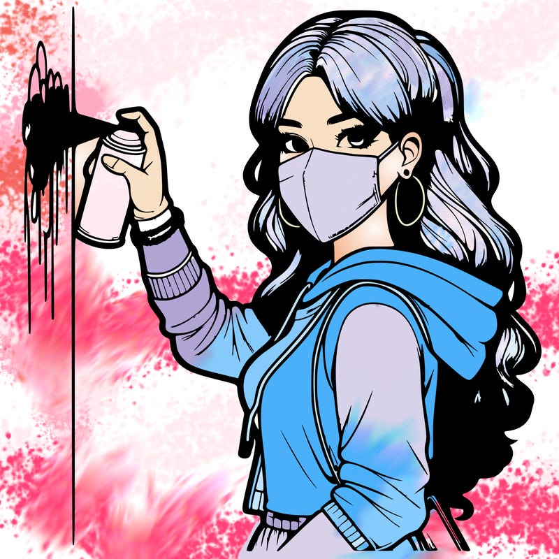 realistic girl with mask spray painting a wall