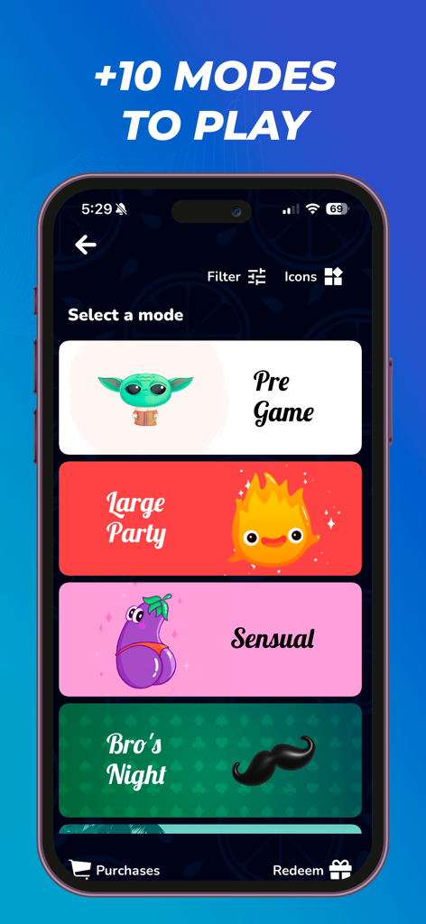 Tomanji · Party game - Tomanji app screen showing multiple party game modes like Pre Game and Sensual