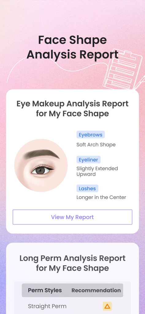 Seoul Beauty Lab: Face & Body - A personalized face shape analysis report from the Seoul Beauty Lab app showing eye makeup and hair styling recommendations