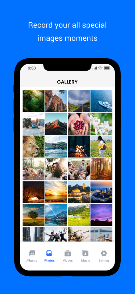 Gallery : Media File Manager - 갤러리 미디어 파일 관리자 앱의 스마트폰 인터페이스로, 사진 그리드와 탐색 메뉴를 보여줍니다.