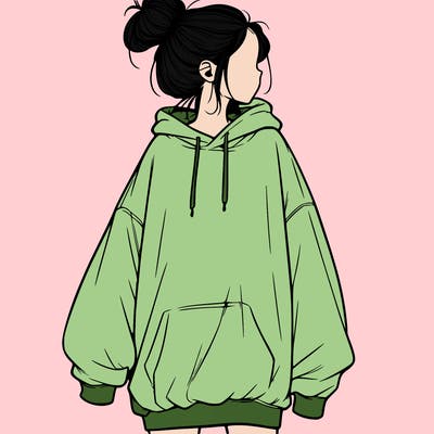 realistic girl with a oversized sweatshirt on and a bun