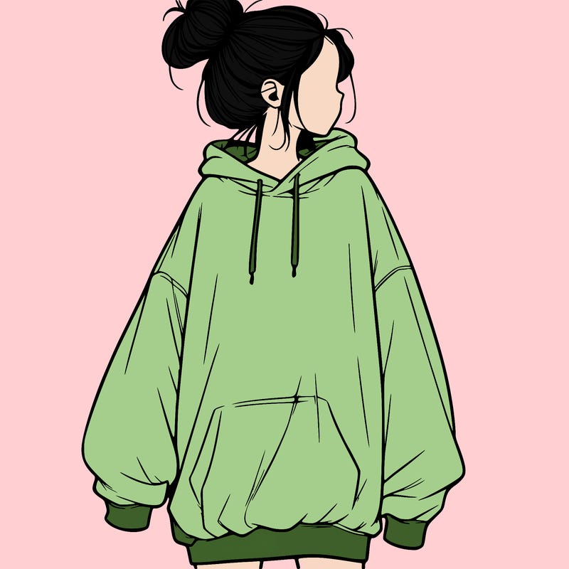 realistic girl with a oversized sweatshirt on and a bun