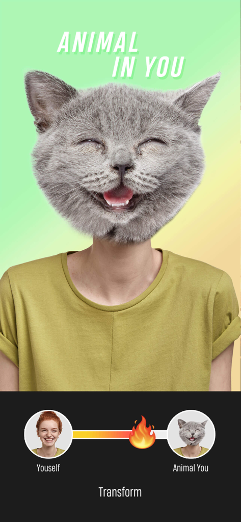 EasyArt:Photo Editor&Wallpaper - Interface de l'application EasyArt montrant un filtre photo qui remplace la tête d'une personne par la tête d'un chat souriant