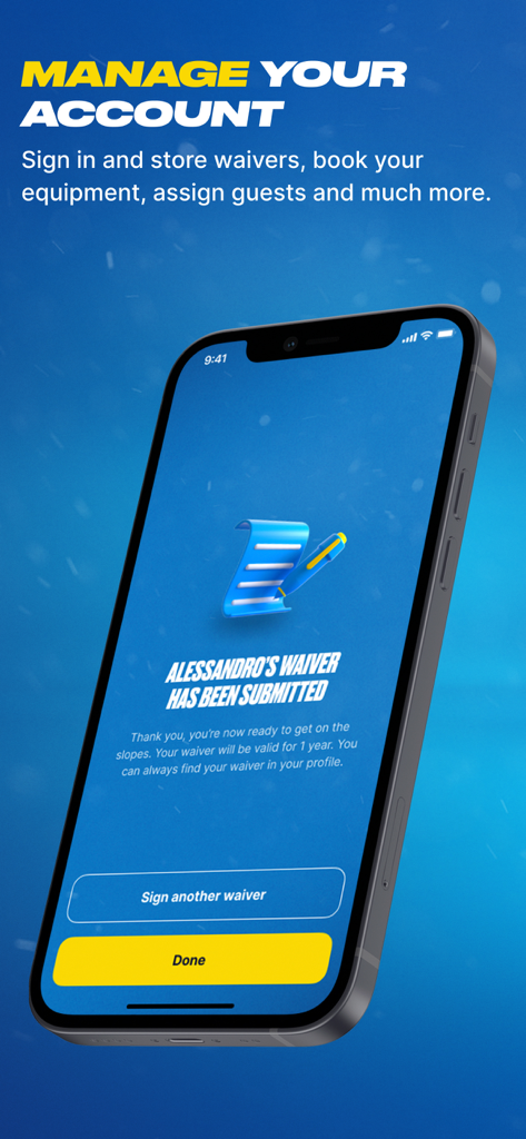 계정 관리를 위해 스키 두바이 앱에서 제출된 디지털 면책 동의서가 표시되는 모바일 화면