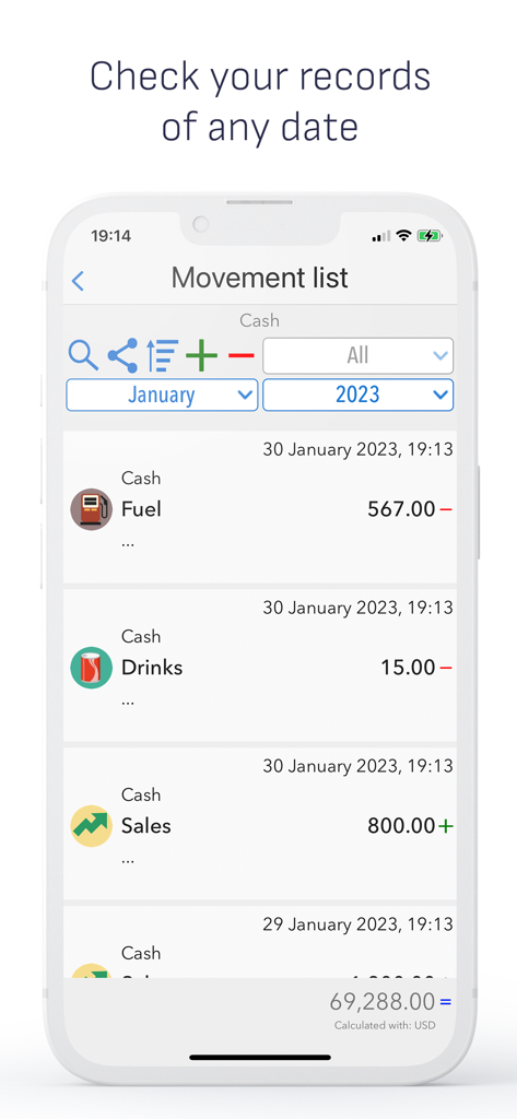 A smartphone screen showing the movement list in Daily Expenses Finance app with categorised income and expenses