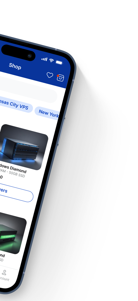 Pantalla de la tienda de la aplicación móvil GoldenRDP mostrando varias opciones y ubicaciones de servidores VPS.