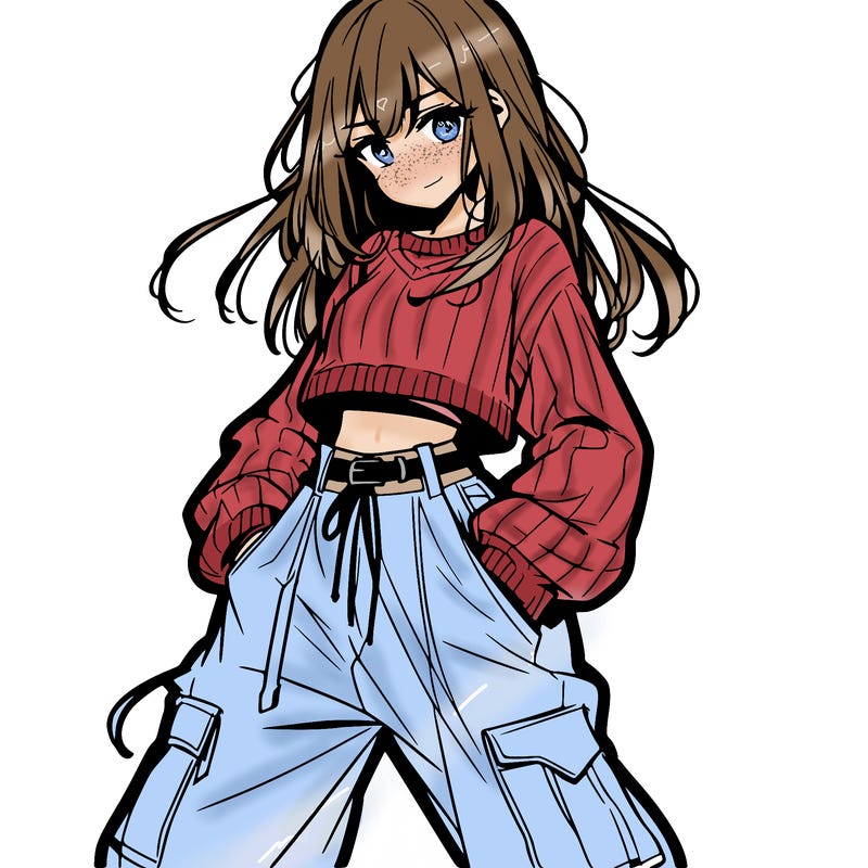 anime teen girl with baggy pants and crop top with sweater