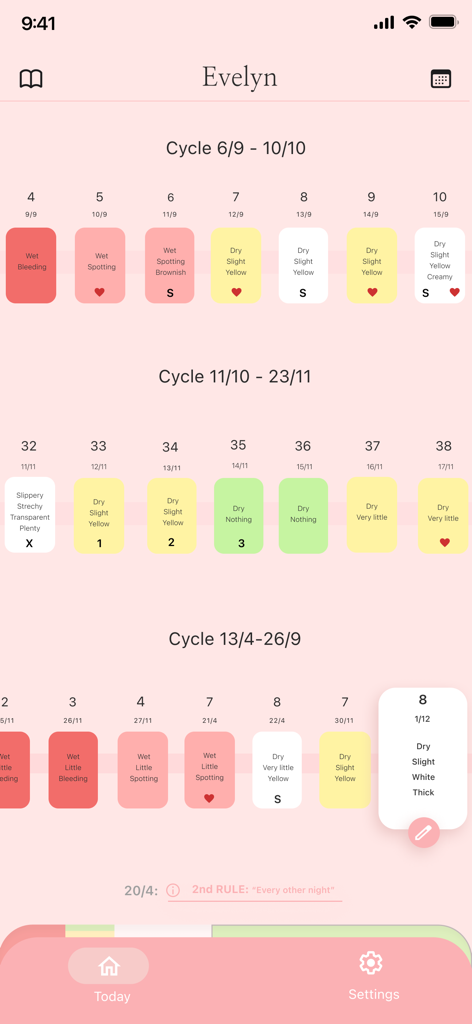 Tela de rastreamento do ciclo menstrual no aplicativo Evelyn exibindo ícones coloridos para observações do Método de Ovulação Billings