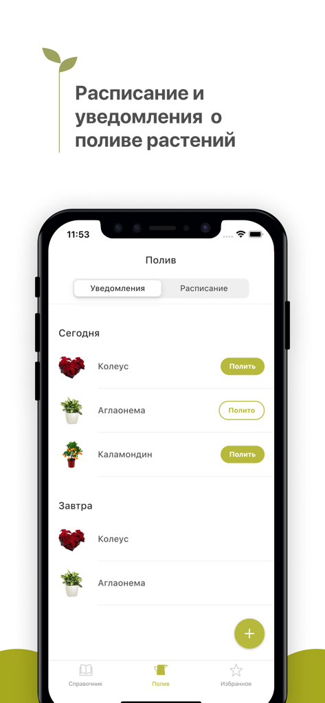 Interfaccia di un'app per la cura delle piante da interno che mostra un programma di irrigazione e notifiche per diverse piante