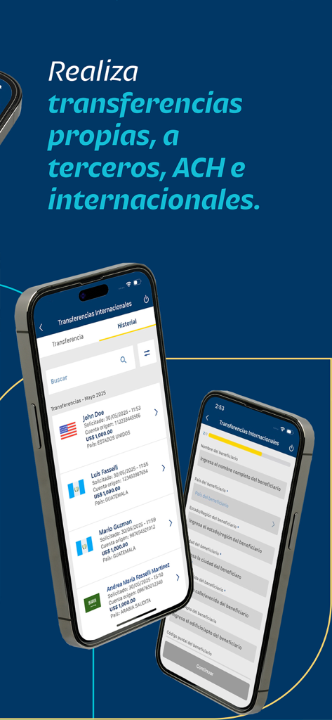 Interface do aplicativo Banpais mostrando histórico de transferências bancárias internacionais e formulário em dois smartphones