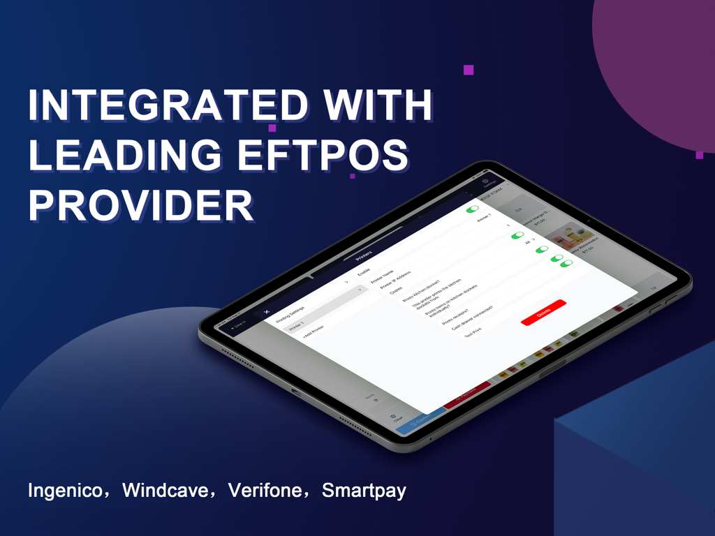 GoMenu POS - GoMenu POS app on an iPad showing integration with leading EFTPOS providers like Ingenico and Verifone