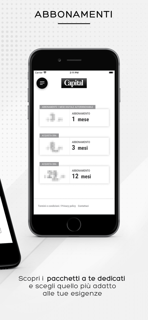 Écran des formules d'abonnement à l'application Capital Magazine sur un iPhone affichant les options d'abonnement d'un, trois et douze mois