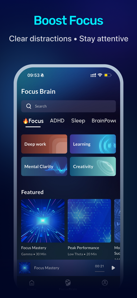 집중력 및 정신적 명확성 향상을 위한 FocusBrain 앱 인터페이스