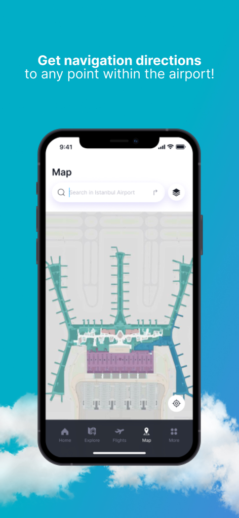 ナビゲーション用のイスタンブール空港インタラクティブターミナルマップを表示するスマートフォンの画面。