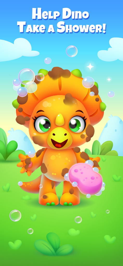 Kids Games! Learning 4 Toddler - A cute orange dinosaur covered in mud holding a pink sponge in a toddler learning game