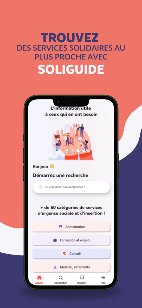 Soliguide - Soliguide mobile app home screen showing social service search categories and navigation interface