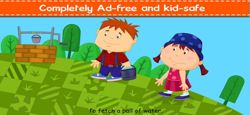 Illustration of Jack and Jill nursery rhyme with a banner stating the app is ad-free and kid-safe