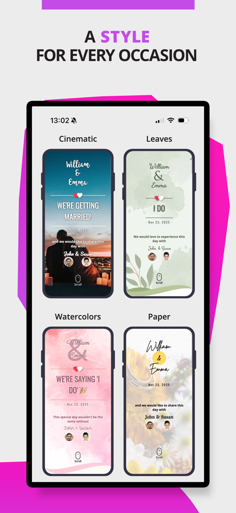 Eventia - Digital Invitations - La aplicación Eventia mostrando varios estilos de plantillas de invitaciones digitales de boda, incluyendo estilos cinematográfico y acuarela