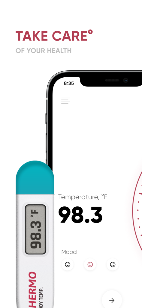 AI Body Temperature Analyser app interface showing temperature monitoring and mood tracking on a smartphone