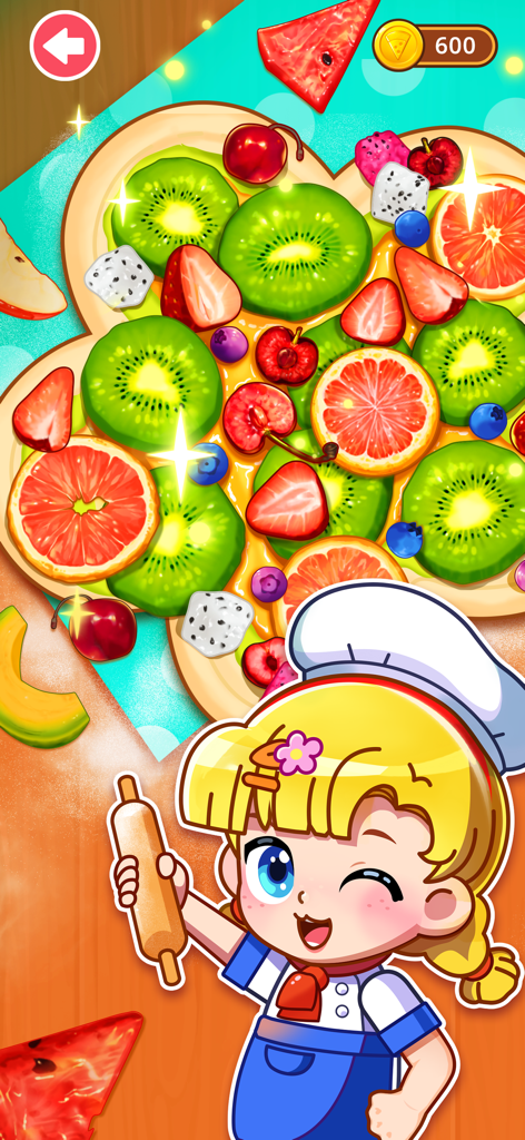 Pizza Games for kids - Uma chef de desenho animado segurando um rolo de massa ao lado de uma pizza colorida de frutas em formato de coração com kiwi e morangos