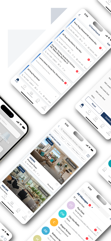 千居Spacious Rent & Buy Property - Varias capturas de pantalla de la aplicación Spacious que muestran listados de propiedades de Hong Kong y resultados de búsqueda guardados
