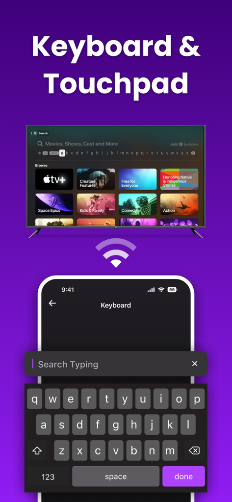 Interfaz de teclado y touchpad en un iPhone para buscar fácilmente en un Smart TV.