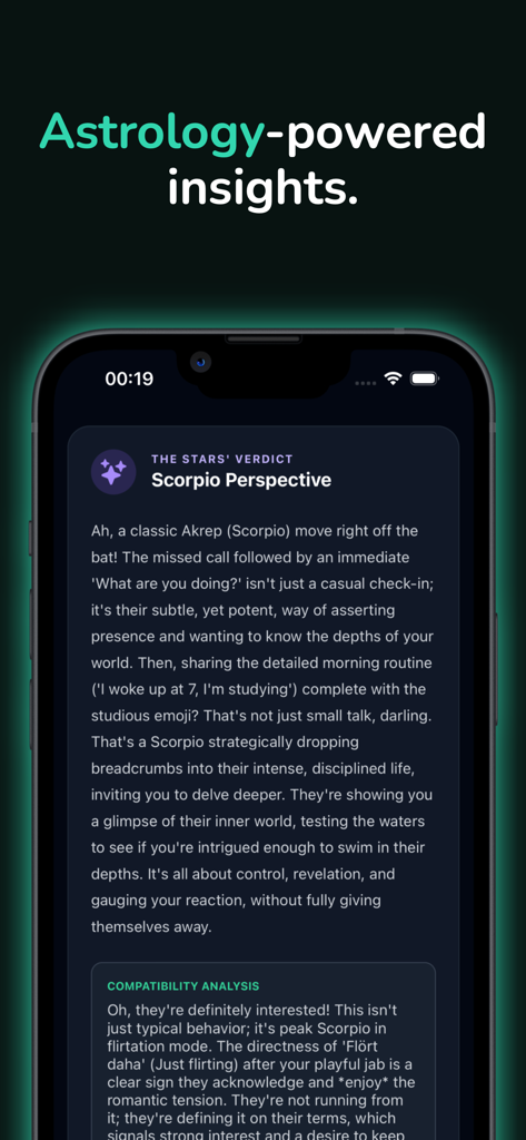 Rizz Dating AI-Flirt Coach - App interface showing astrology powered dating insights and zodiac compatibility analysis.
