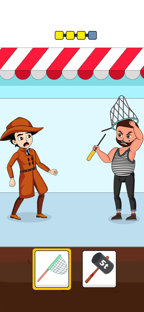 A detective confronting a thief in a logic puzzle level with choice of items