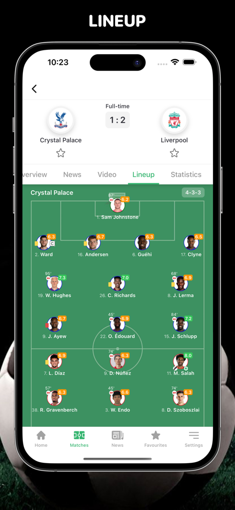 Golasso - Football Livescore - Soccer match lineup with player ratings and field positions on the Golasso app