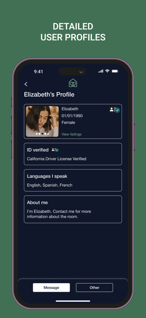 Roomster - Captura de pantalla de la aplicación Roomster que muestra un perfil de usuario detallado y verificado para un posible compañero de piso