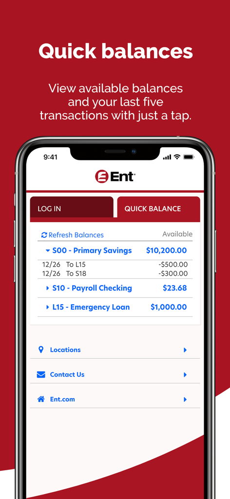 Ent Mobile Banking - Ent Mobile Banking app screen showing quick balances and transaction history