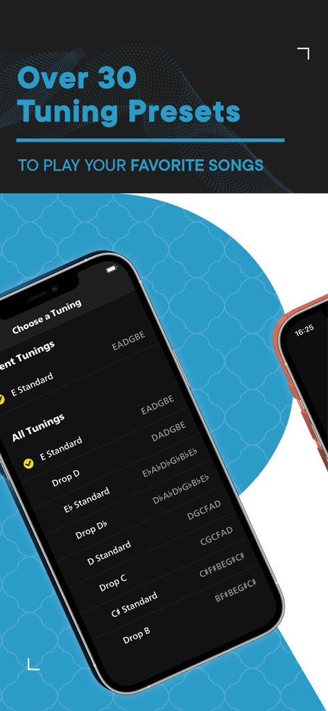 Rocksmith Tunerアプリで、E StandardやDrop Dなど、さまざまなギターチューニングプリセットを表示するスマートフォンの画面。