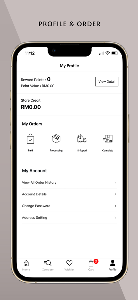 She Dazzle - Benutzerprofilbildschirm der She Dazzle App mit Prämienpunkten und Bestellstatus-Updates