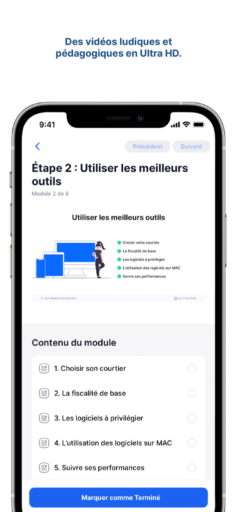 ALTI TRADING - Alti Trading app interface showing a training module on using the best financial tools