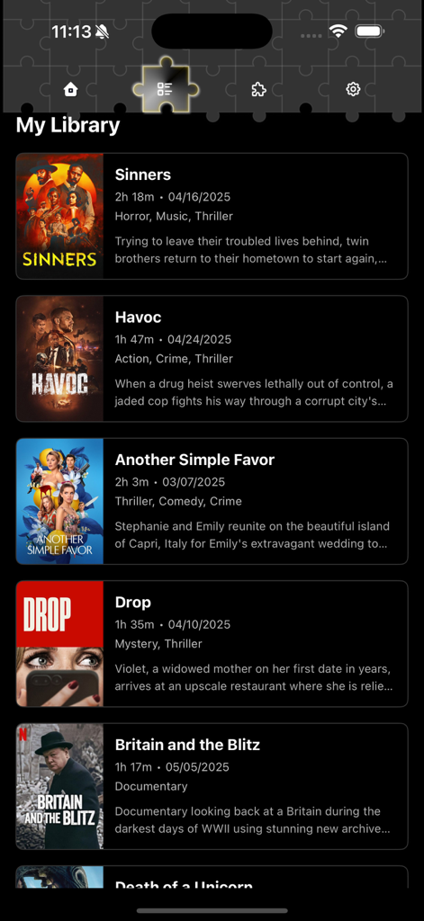 Read Progre: Movie Cine Puzzle - Une capture d'écran de la section Ma Bibliothèque dans l'application Read Progre affichant une liste de films suivis avec des affiches et des descriptions.