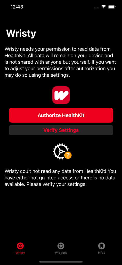 Wristy 앱 설정 화면, 건강 데이터 액세스를 위한 HealthKit 권한 요청