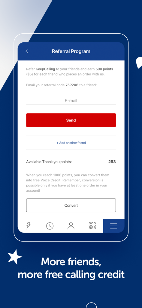 KeepCalling International - Écran du programme de parrainage KeepCalling montrant comment gagner des points et du crédit d'appel gratuit en invitant des amis.