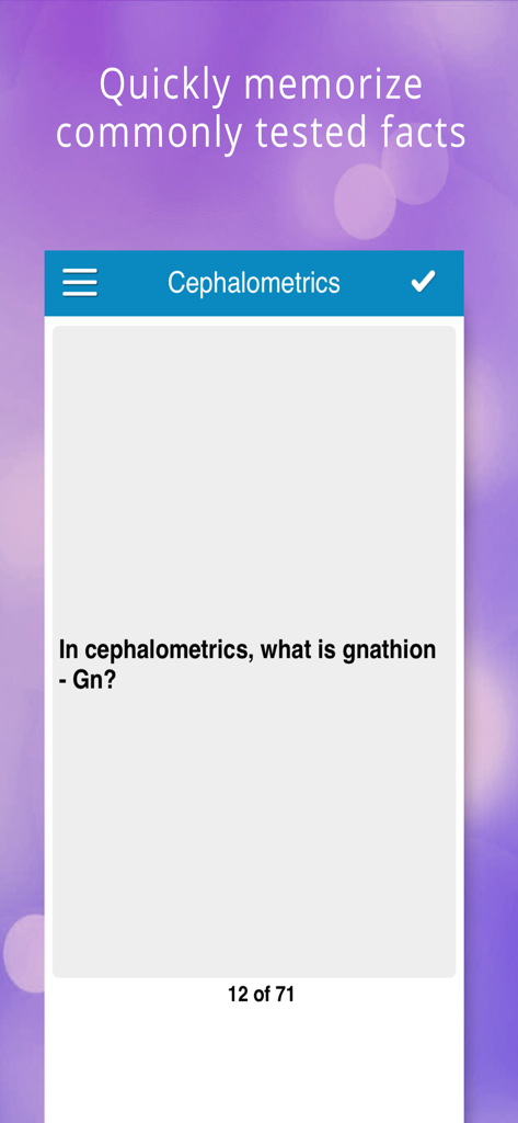 Mobile app screen showing an orthodontics flashcard about cephalometrics.