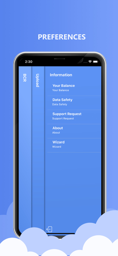 Preferences menu in the Pipedrive CRM BizCard Scanner app showing account information and support options.