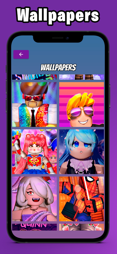 RBX & Codes: Skins Coins - A gallery of vibrant Roblox character wallpapers including anime and superhero styles in the RBX and Codes app