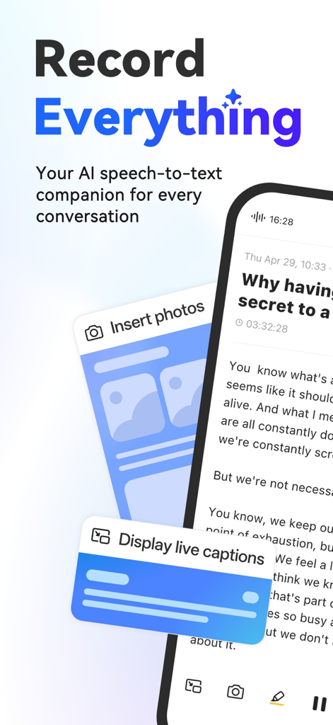 Deepting AI Transcribe Summary - Interfaccia dell'app Deepting AI che mostra funzionalità di trascrizione in tempo reale con sottotitoli live e capacità di inserimento foto.