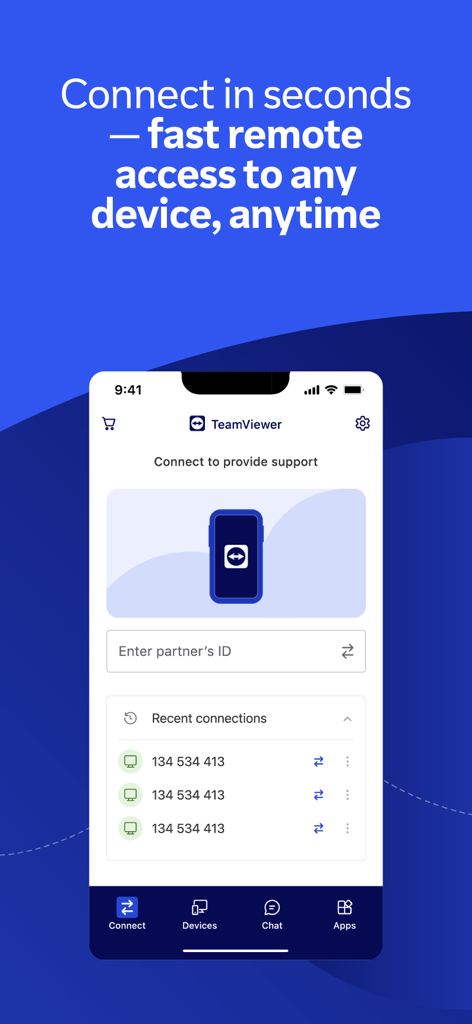 Main interface of TeamViewer Remote Control app showing remote connection options and recent devices list