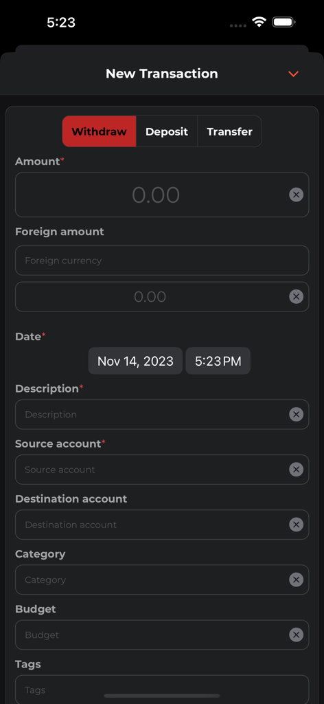Abacus for Firefly III - Abacus for Firefly III new transaction entry form showing fields for amount, account, and category