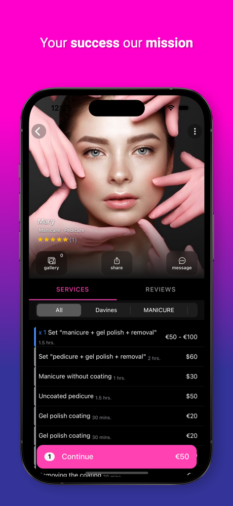 Hey Beauty app interface showing a professional profile with a list of beauty services and pricing
